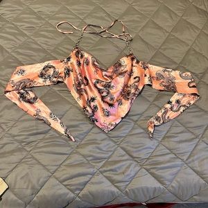 Forever 21 Medium Chinese Pink silk halter top with black dragons and rose.